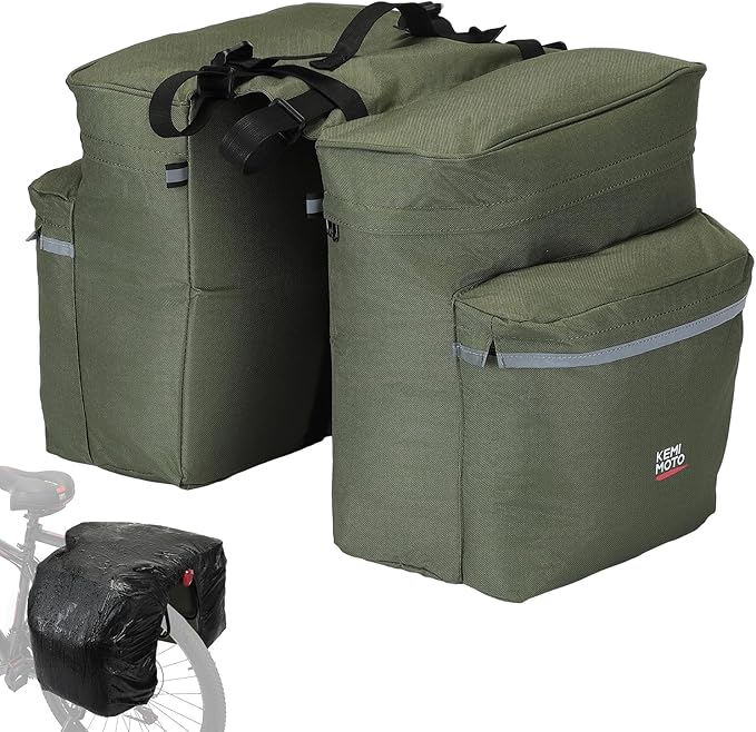 KEMIMOTO Portable Bike Pannier Bag, 34L Large Capacity Water Resistant Bicycle Trunk Bag with Reflective Trim, Bike Rear Seat Saddle Bag for Grocery Shopping Commuter Long Cycling Trip (Green)