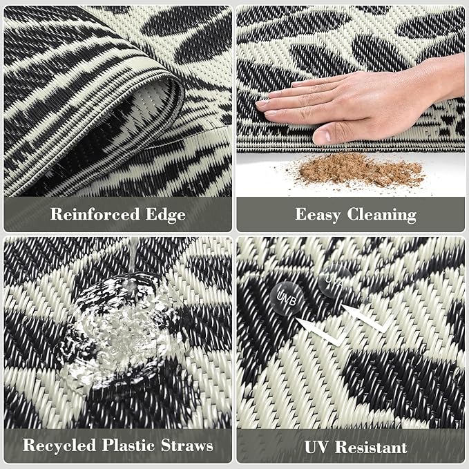 Lahome Patio Rugs Outdoor 8x10 Waterproof, Boho Outdoor Rug for Camping Beach, Plastic Straw Stain Resistant Mats for Outside Rv Backyard Garden Under Awning, Black White,8'x10'