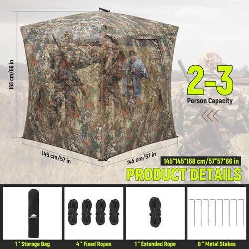 Rhino Valley Hunting Blind 360° See Through, 2-3 Person Pop Up Ground Blinds with Carrying Bag, Portable Resilient Hunting Tent with Silent Magnetic Door & Sliding Windows for Deer Turkey