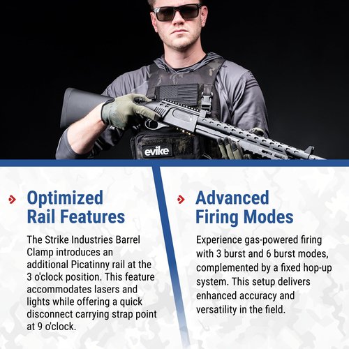 Evike Airsoft - EMG Strike Industries Licensed M870 Gas Powered Pump Action Airsoft Shotgun w/MLOK H-Guard by Golden Eagle (Color: Black)