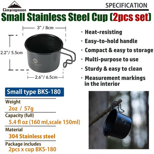 CAMPINGMOON 2pcs 160ml Little Camping Mug Cup 304 Stainless Steel Small Black BKS-180-2P