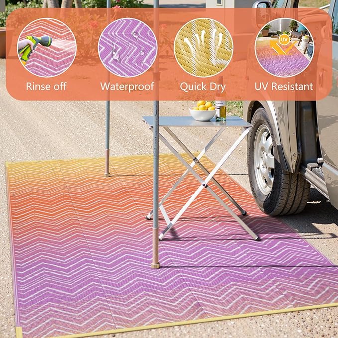 Lahome Colorful Outdoor Plastic Straw Rug, Reversible Outdoor Area Rug Waterproof 6x9 Patio Rugs, Camping Rugs for RV Backyard Deck Porch Picnic Beach Trailer (Orange/Purple, 6' x 9')