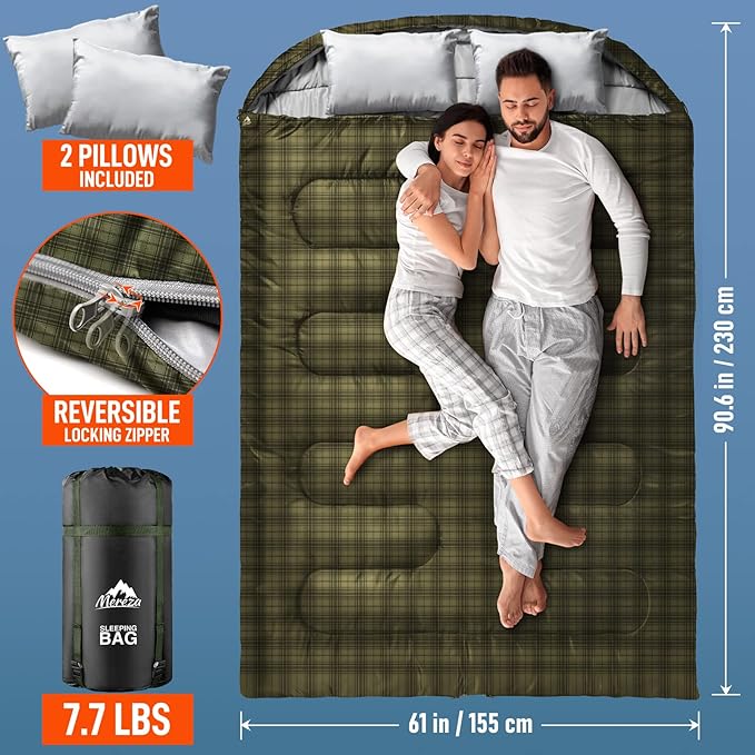 MEREZA Double Sleeping Bag for Adults Mens with Pillow, XL Queen Size Two Person Sleeping Bag for All Season Camping Hiking Backpacking 2 Person Sleeping Bags for Cold Weather & Warm