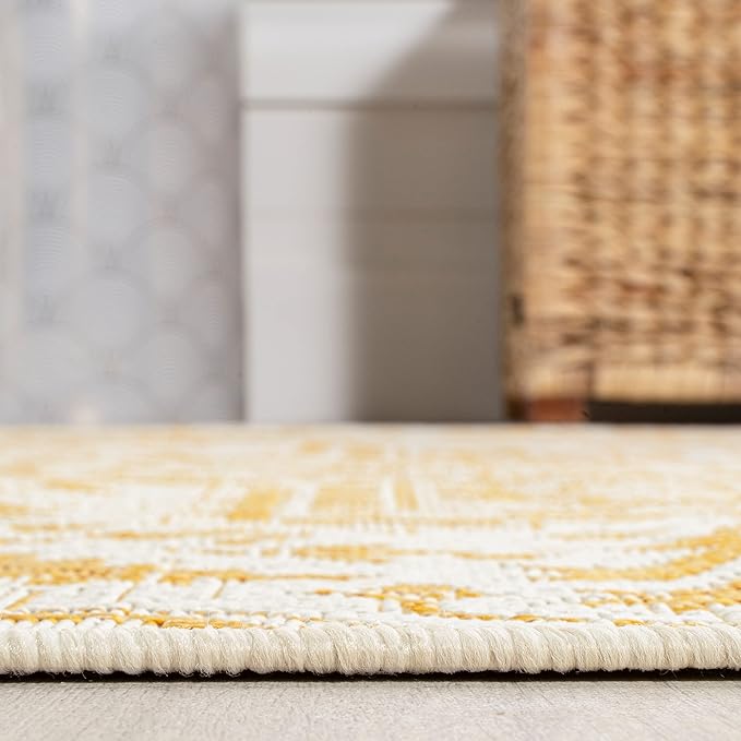 JONATHAN Y SMB105H-4 Estrella Bohemian Medallion Textured Weave Indoor Outdoor Area-Rug, Coastal Traditional Easy-Cleaning,Bedroom,Kitchen,Backyard,Patio,Non Shedding, 4 X 6, Cream/Yellow