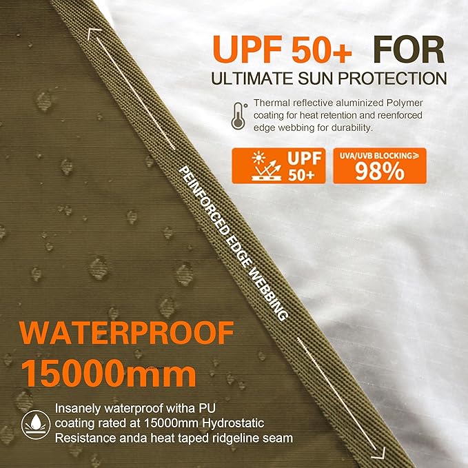 GOLDCAMP Waterproof Camping Tarp，70D Nylon 10''X10'' Hammock Rain Fly ，UV 50+ and PU15000mm Tent Tarp Shelter Canopy，Heavy Duty Multifunctional Sun Shade or Rain Fly Essentials for Hiking Backpacking