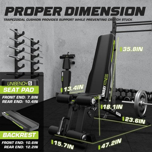 UNIRAY Weight Bench, Workout Bench for Home Gym with 1200LBS Weight Capacity, Adjustable Back/Seat/Foot Hook for Bench Press Strength Training, Gym Bench Level Incline Bench Exercise at Home