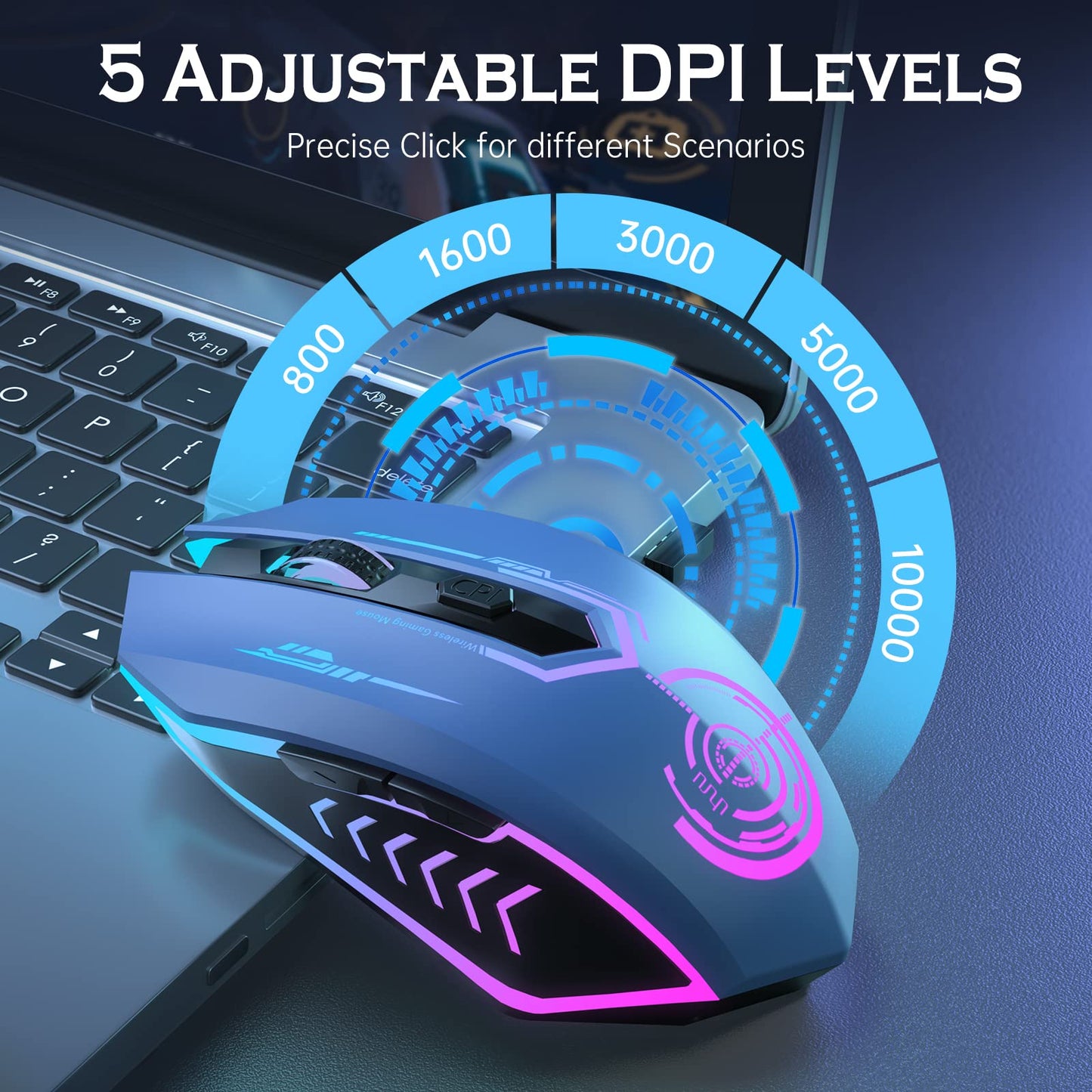 UHURU Wireless Gaming Mouse Up to 12000 DPI, Rechargeable USB-C Wireless Mouse with 7 Buttons 7 Dynamic LED Color Ergonomic Programmable MMO RPG for PC Laptop, Compatible with Windows Mac