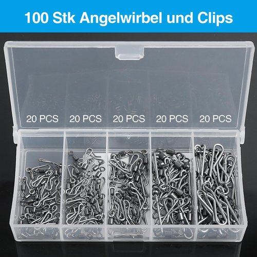 Realure 100 Pcs/5 Sizes Quick Change Fishing Rolling Connector Fishing Swivel with Hanging Snaps 4# 6# 8# 10# 12# Sea Fishing Snap Barrel Swivels and Clips for Connecting Fishing Lure & Line