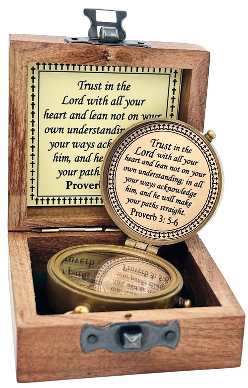LEITH CAMINDS Trust in The Lord Engraved Compass with Wooden Box, Brass Antique Compass for Hiking, Camping, Religious Gifts Men Women Catholic, Graduation Gift- Inside Engraved, Bronze