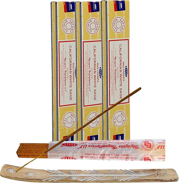 Satya White sage Incense Sticks, Satya sai Baba Insenses 15gmx3 (45 gm) Pack with Raajsee Incense Holder Bundle, Satya Nag Champa Natural Incense