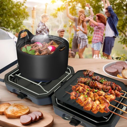 Propane 2 Burner Folding Camping Stove with Griddle, Portable Gas Stove Two Independent Adjustable Burners 16000 BTU with Ignition Knob Carrying Bag Handle, Foldable Camp Stove for Outdoor Cooking BBQ