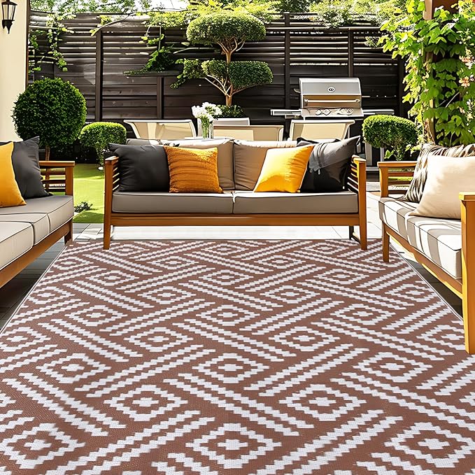 OPPODREAM Outdoor Rug 5x8 Ft, Waterproof Outdoor Plastic Straw Rug for Patio, Reversible Out Door Carpet for Camping, Deck, Rv, 5 x 8 Area Carpet for Balcony, Porch, Backyard, White and Brown
