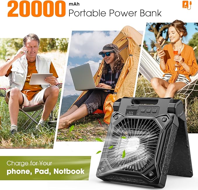 Solar Camping Fan with LED Lantern, 20000mAh Rechargeable Battery Powered with 10W Solar Panel and Emergency Power Bank, Quiet Battery Operated Tent Fan for Picnic, Barbecue, Fishing, Travel