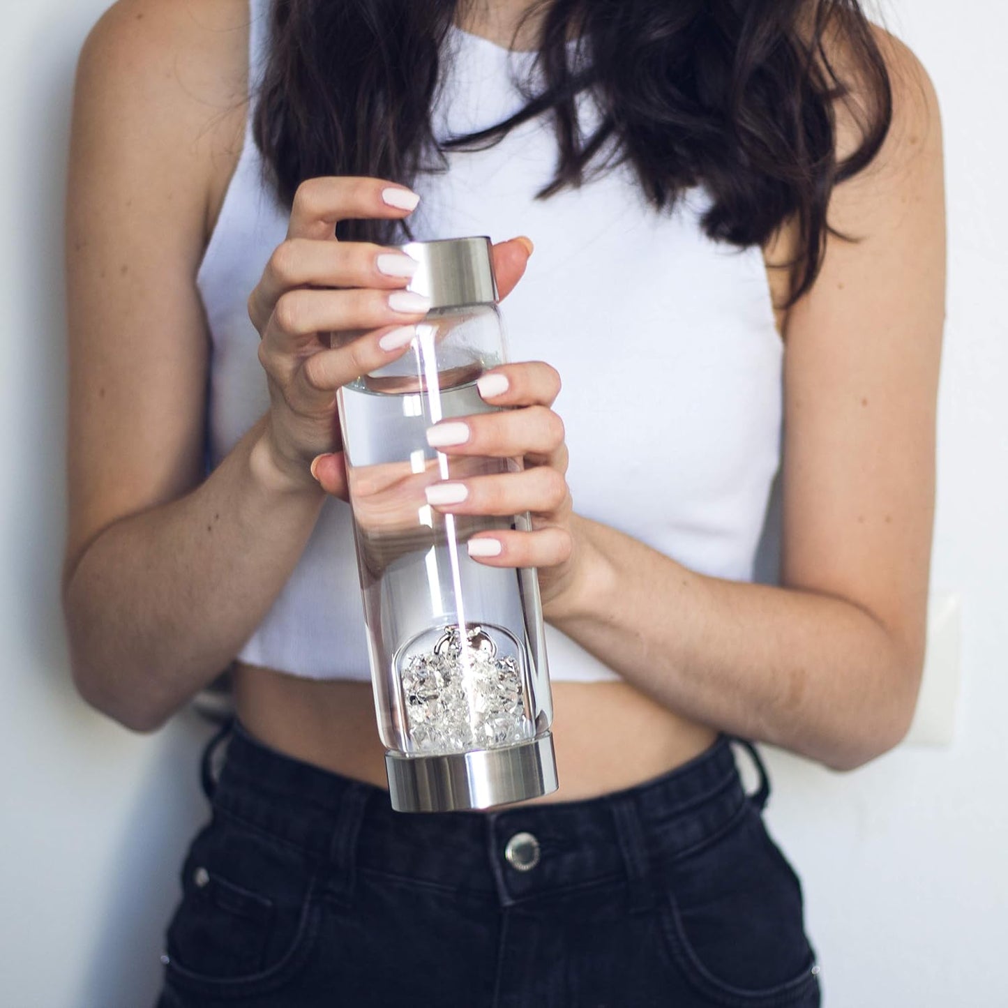 VitaJuwel ViA LUNA | Crystal Water Bottle with Rainbow Moonstone and Clear Quartz for Intuition, Empathy, Femininity