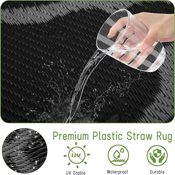 Easy-Going Reversible Outdoor Rugs 5x8ft Waterproof Plastic Straw Rug Stain & UV Resistant Floor Mat for Patio Porch RV Backyard Pool Deck Picnic Beach Trailer Camping (Moroccan Black & Grey)