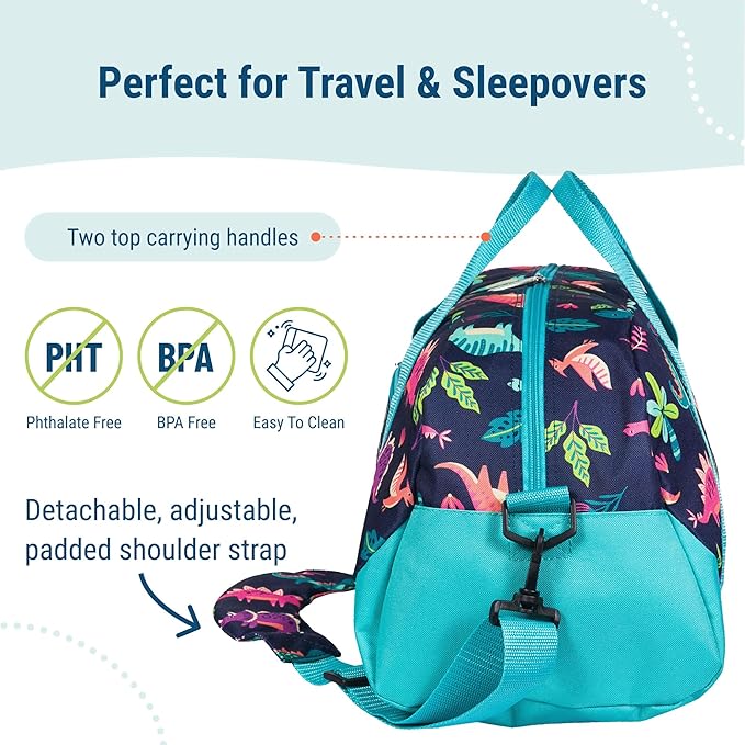 Wildkin Kids Overnighter Duffel Bag – Carry-On Size, Ideal for School & Sleepovers – Darling Dinosaurs