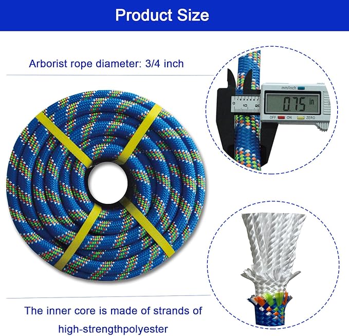 Double Braided Arborist Rope - 3/4 Inch x 50 Feet - High Strength Polyester Outdoor Rope for Tree Work, Nautical, Halyard, Sailing (Blue)