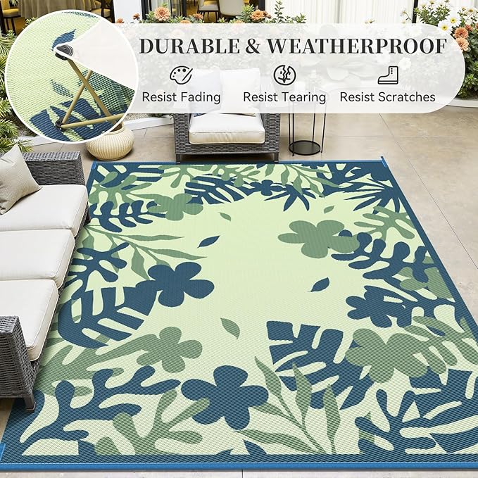 MontVoo Outdoor Rug Waterproof 5x8 ft RV Outdoor Rug for Camping Picnic Mat Outdoor Patio Rug Carpet Plastic Straw Reversible Floral Teal Blue Green