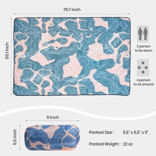 sheelokhwui Waterproof Outdoor Blanket, 79" x 55" Large Packable Picnic Blankets, Foldable Picnic Mat for Park, Lawn, Grass, Beach, Concert (Abstract Line)