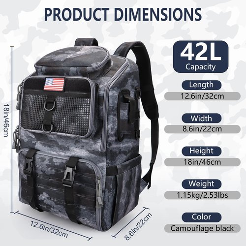 rillrun Fishing Backpack with Rod Holders, Ultimate Tackle Box Bakpack for Men, 42L Large Tackle Bag Store Fishing Gear
