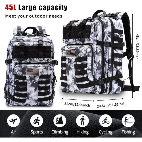 Ksttog Military Tactical Backpack - 45L Large Assault Tactical Backpacks Molle Hiking Pack 3 Days Bug Out Bag - Waterproof Army Rucksack Tactical Gear for Camping/Traveling/Gym/Fishing- Black/White