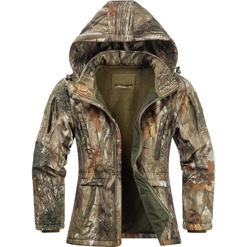 NEW VIEW Womens Hunting Clothes, Upgraded Ultra-Quiet Water Resistant Camo Hunting Jacket for Duck Waterfowl Deer Hunting, Nv Camo Leaf, Large