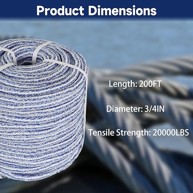 Arborist Tree Rope, 3/4inch by 200FT, 24 Strand Bull Rope up to 20000lbs Tensile Strength, Blue and White