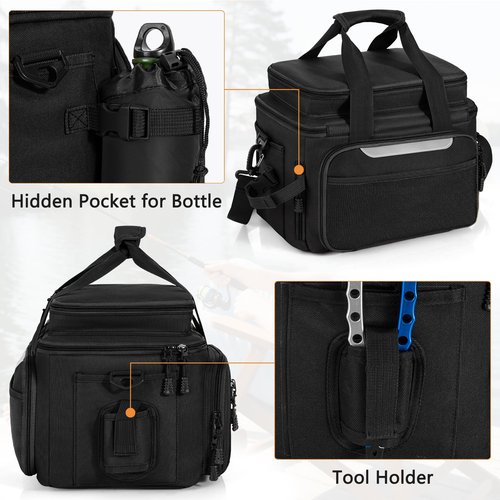 FREEAMG Fishing Tackle Bags - Saltwater & Freshwater Fishing Bag - Padded Shoulder Strap Fishing Bags - Gear Storage for Tackle Box (Black) (Does not come with box)