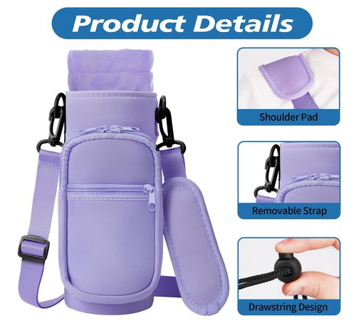 AceTreker 32 oz 40 oz Water Bottle Sling with 2 Pockets, Neoprene Water Bottle Holder with Strap, Sport Bottle Sleeve for Traveling, Walking, Camping-Purple