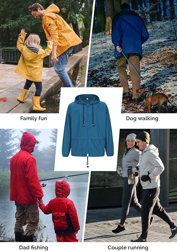 Zando Packable Rain Jacket for Men - Waterproof Hooded Raincoat, Windbreaker for Outdoor Travel Golf - Lightweight Blue L