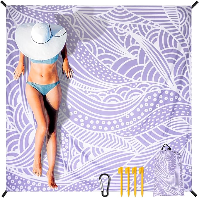 Beach Blanket Sandproof Extra Large Beach Mat Adults Waterproof Quick Drying Sand Free Mat Made by Premium Polyester with 4 Stakes & 4 Corner Pockets for Outdoor Travel Camping Hiking