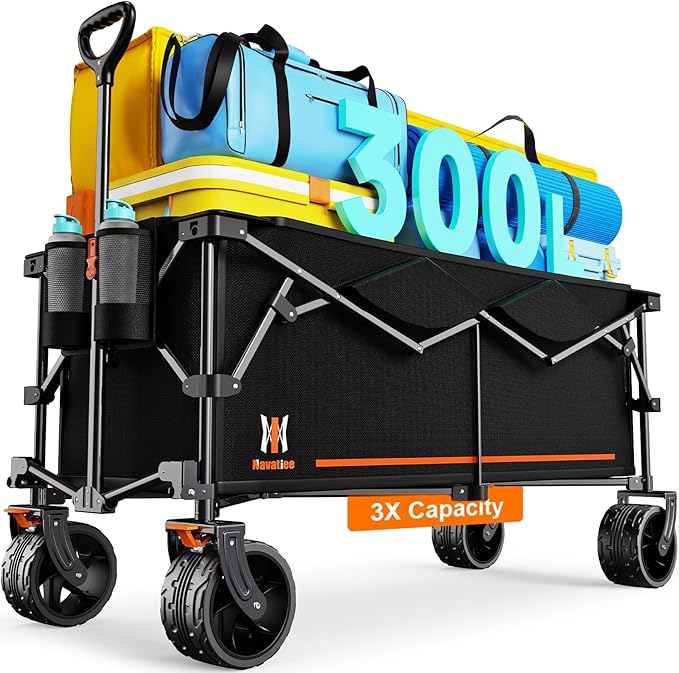 Navatiee 300L Collapsible Wagon Cart Foldable Extra Large, 48''L Folding Extended Beach Wagon with 440LBS Weight Capacity and Big All-Terrain Wheels, Heavy Duty Utility Garden Cart for Sports Outdoor