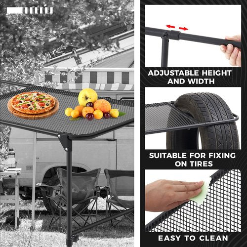 Pasimy Vehicle Tire Mounted Steel Camping Table Adjustable Travel Camping Table 40'' x 20'' x 33'' for Car Camping Picnic Camp Outdoor Cooking BBQ and Party Favor