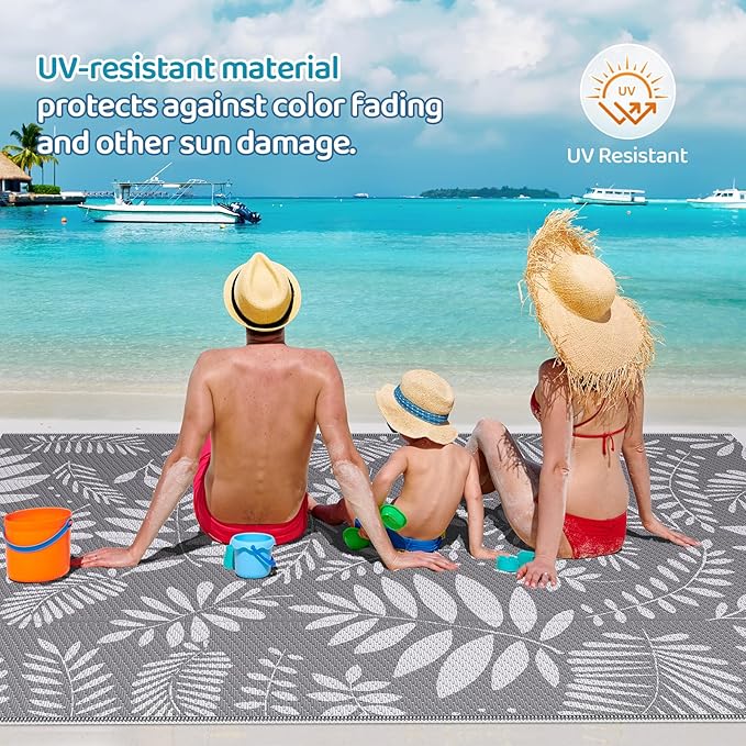 Outdoor Rug, Patio Rug, Plastic Straw Camping Rugs, Large Waterproof Area Rug and Mat for Outdoors, RV, Patio, Backyard, Deck, Porch, Beach, Balcony, (5'x 8', White&Gray)