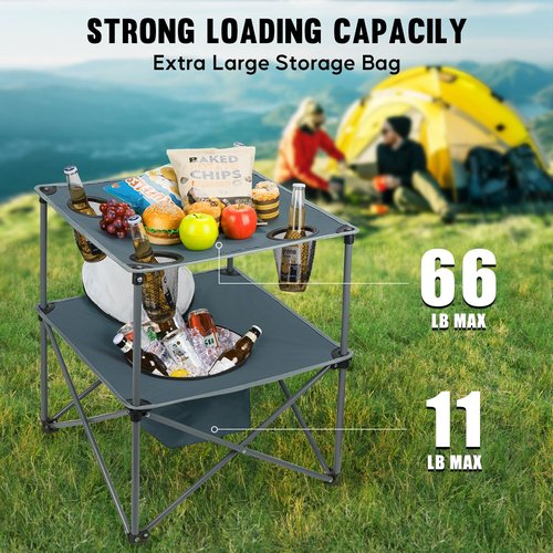 Thallike Portable Picnic Camping Table with Cooler, Folding Beach Table with 4 Tear Resistance Cup Holders, Tailgating Table Carry Bag for Travl, Beach, Summer Cookout Essential (Grey)