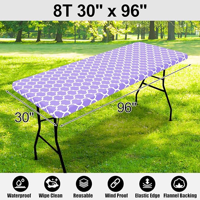 Smiry Rectangle Picnic Table Cover, Waterproof Elastic Fitted Camping Tablecloths for 8 Foot Tables, Wipeable Flannel Backed Vinyl Tablecloth Protector for Indoor, Outdoor (Lavender, 30x96 Inches)