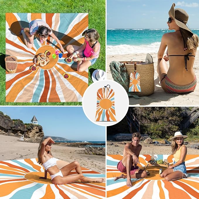 Beach Blanket Waterproof Sandproof, Oversized Picnic Blankets with Stakes and Sand Pockets, Lightweight Quick Drying, Extra-Large Portable Beach Mat for Outdoors, Camping, Hiking Trips-Summer Sunshine