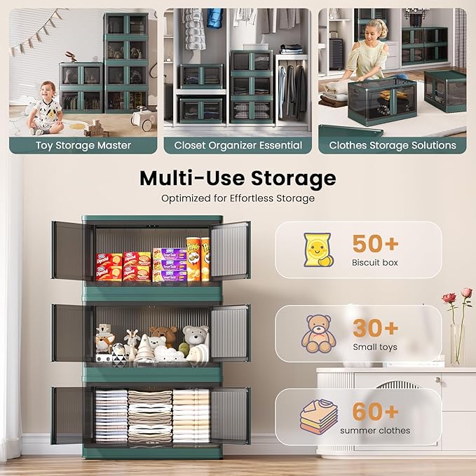 19Gal Collapsible Storage Bins with Lids & Wheels - 3 Pack Stackable with Doors, Heavy-Duty Plastic Containers for Home/Office, Green