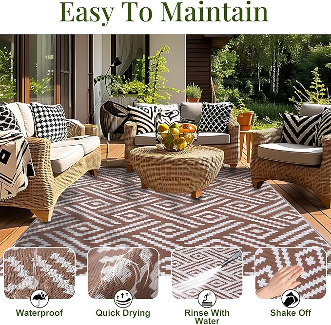 OPPODREAM Outdoor Rug 9x12 Patio Waterproof, Large Outdoor Plastic Straw Rug, Reversible Out Door Carpet for Camping, Deck, Rv, 9 x 12 Area Carpet for Balcony, Porch, Backyard, White and Brown