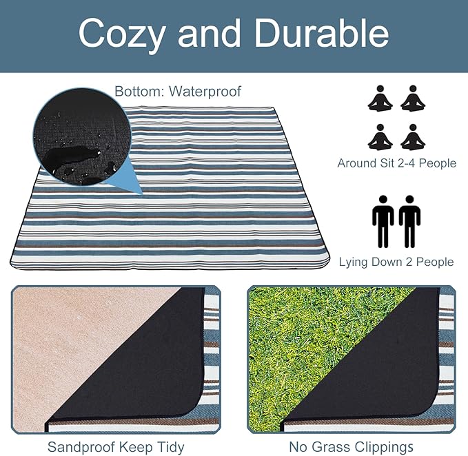 Outdoor Picnic Blanket with Bag, 60'' x 80'' Comfortable Picnic Mat for Should Strap, Foldable Outdoor Blanket for Park Beach Travel Camping Yard Outdoor Concerts (Stripe)