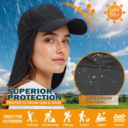 EINSKEY UPF 50+ Waterproof Sun Hat - Packable Unisex Baseball Cap with Neck Flap for Beach, Golf, Hiking, Fishing & Running Black
