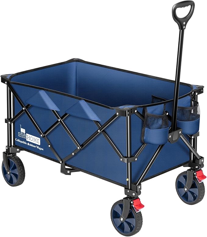 VIVOHOME 200L Collapsible Wagon 300lbs Heavy Duty Folding Utility Garden Cart Foldable Beach Wagons Large Capacity for Camping Picnic - Blue