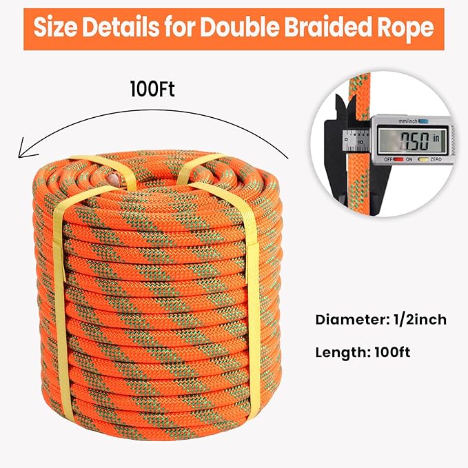 1/2inch Arborist Rope Tree Climbing Rope 48 Strand（100ft） Polyester Bull Rope for Swing Pulling Outdoor Marine