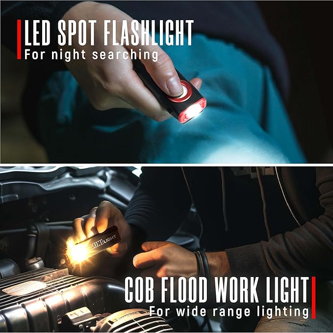 lexall 2 Pack LED Work Light, 1600 Lumens Mini Magnetic Flat EDC Flashlight with Clip, 3 Modes Portable Ultra-Light Bright Waterproof Pocket Light for Working, Camping, Repairing, Emergencies