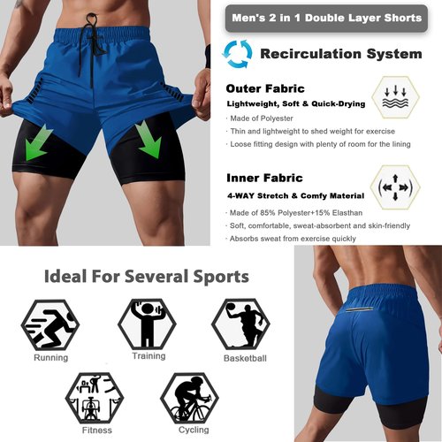 Smatstyle Men's 2 in 1 18" Running Shorts Quick Dry Gym Athletic Workout Shorts with Zipper Pockets Blue