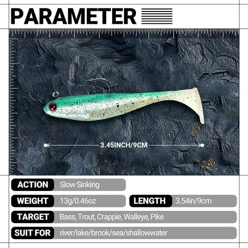 3.5In 0.42Oz Pre-Rigged Swim Baits for Bass Fishing - Jig Heads Soft Plastic Walleye Lures, Paddle Tail Swimbaits for Bass, Crappie & Trout Lures, Fishing Bait for Saltwater & Freshwater