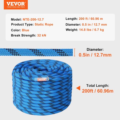 VEVOR 12.7mm Static Climbing Rope, 60.9M(200ft) Outdoor Rock Climbing Rope 30KN Breaking Tension, Fiber Rope for Escape, Rappelling, Fire Rescue, Blue