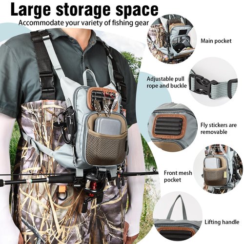 Qiullen Waterproof Fly Fishing Chest Pack with Hard Bottom Work Station, Holds Multiple Fly Boxes and Back Net Holder, Adjustable Tackle Backpack with Quick-Release