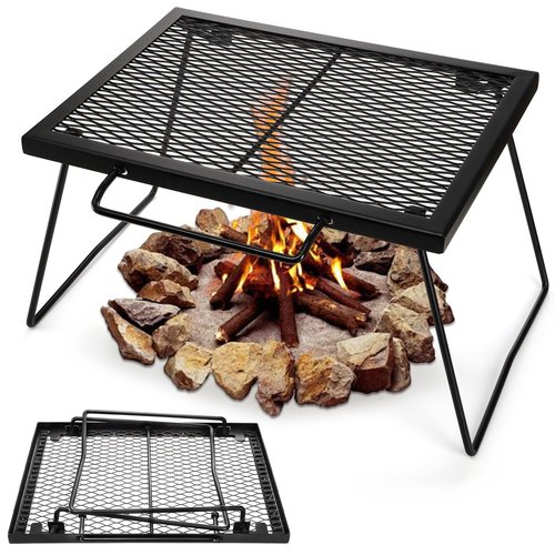 Elsjoy Folding Campfire Grill Grate with Carrying Handle, Portable Camping Grill Over Fire Mesh Grate, Heavy Duty Steel Grate for Outdoor Cooking, Picnic, BBQ
