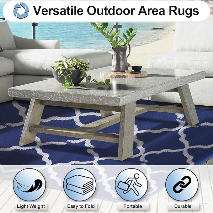 OutdoorLines Outdoor Plastic Area Rugs for Patio 4x6 ft - Reversible Outside Carpet, Stain & UV Resistant RV Mats, Straw Rug for Camping, Deck Garden, Porch and Balcony, Moroccan Navy & Light Grey
